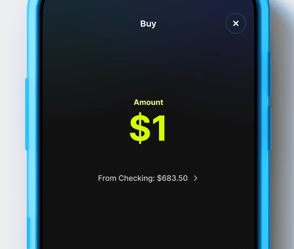 Mobile phone in a blue case displays black screen with lighter black and chartreuse buttons. Button have white and black text.