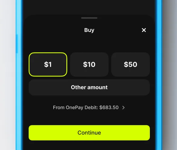 Mobile phone in a blue case displays black screen with lighter black and chartreuse buttons. Button have white and black text. 