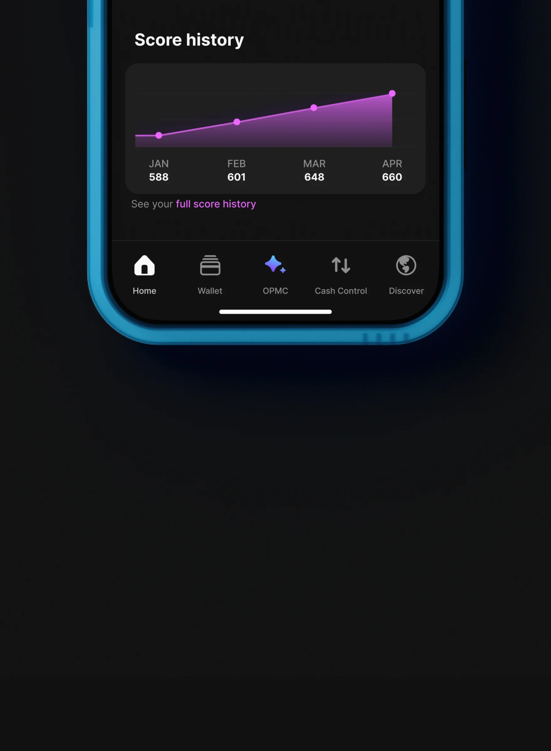 A phone showing a Credit Builder Loan customer’s score history in the OnePay app.