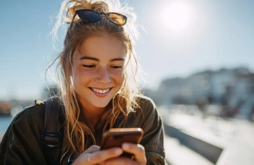 girl with freckles outside smiling down at phone