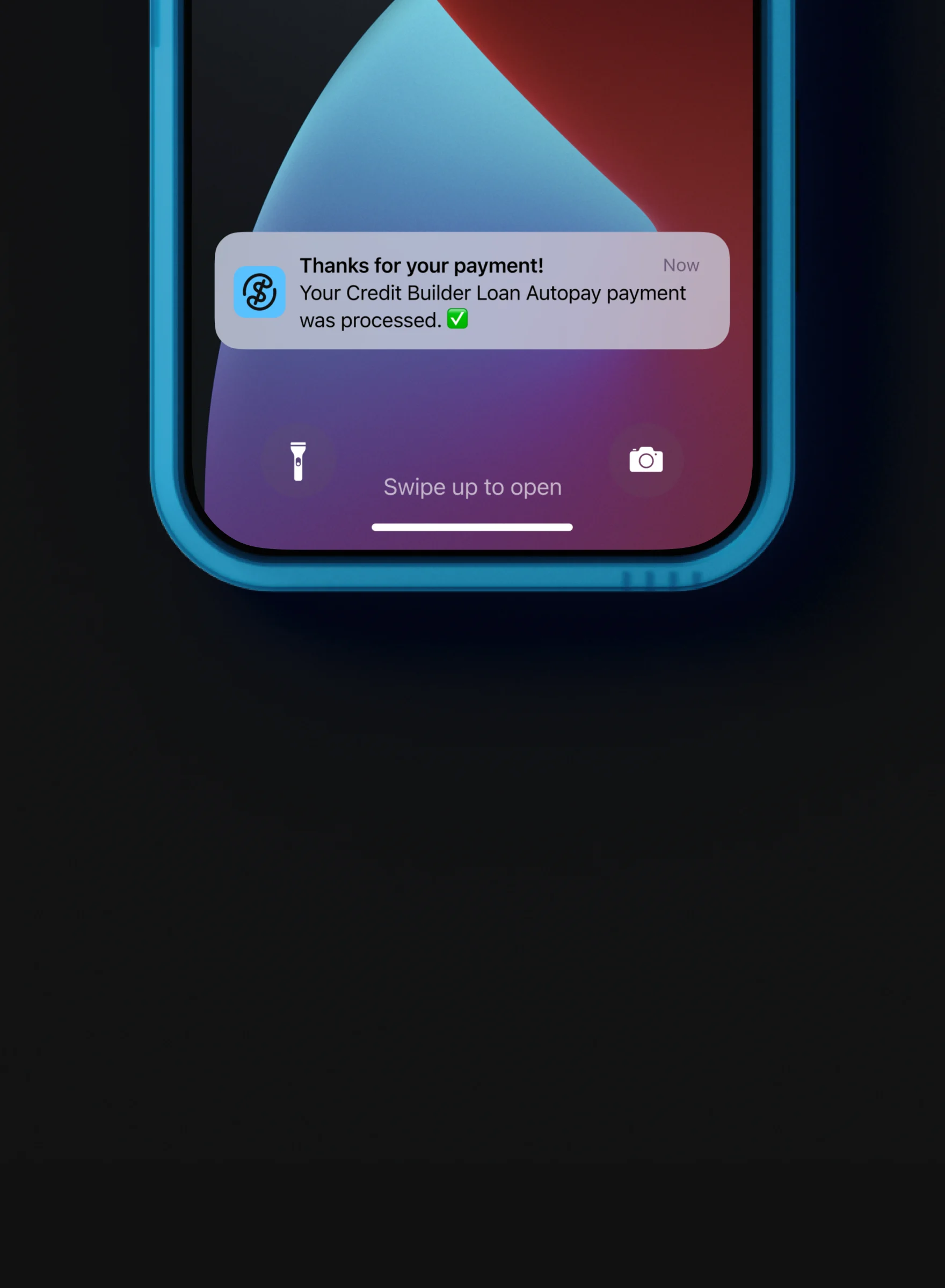 A phone showing a push notification from OnePay, thanking a customer for their Credit Builder Loan Autopay payment.