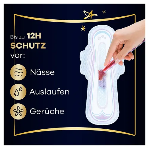 Always Binde demonstriert mit roter Flüssigkeit die Schutzwirkung vor Nässe, Auslaufen und Gerüchen, mit bis zu 12 Stunden Schutz.