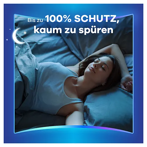 Eine Frau, die ruhig schläft und Flexprotect Night trägt, für bis zu 100% Schutz, kaum zu spüren.