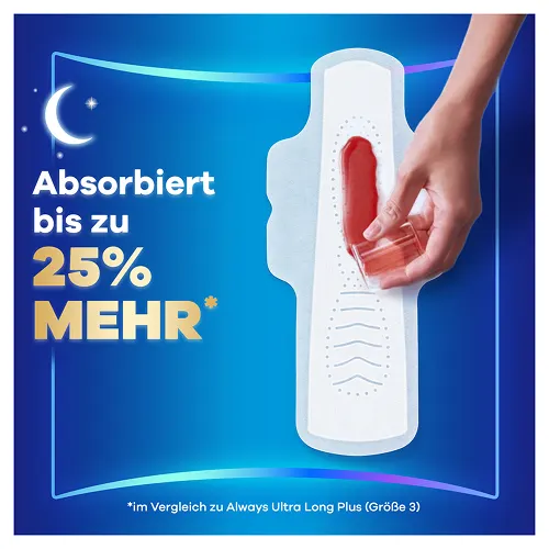 Always Binde demonstriert verbesserte Absorption, die bis zu 25% höher ist als bei Always Ultra Long Plus (Größe 3).