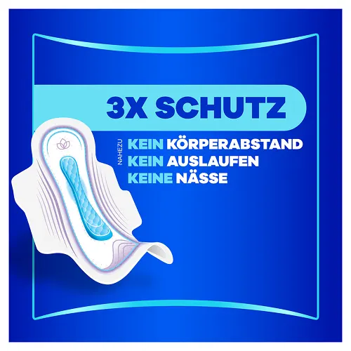 Always Damenbinde, die den 3-fachen Schutz mit "kein Körperabstand, kein Auslaufen, keine Nässe" hervorhebt.