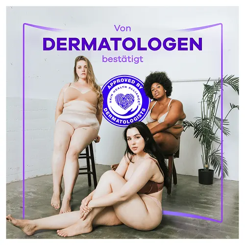 Dermatologisch bestätigte Always Produkte, dargestellt durch drei diverse Models, die Selbstvertrauen und Hautgesundheit ausstrahlen.