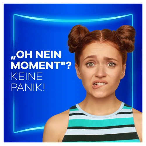 Frau mit Double Buns und gestreiften Tshirt mit Text "OH-NEIN-Moment? Keine Panik"
