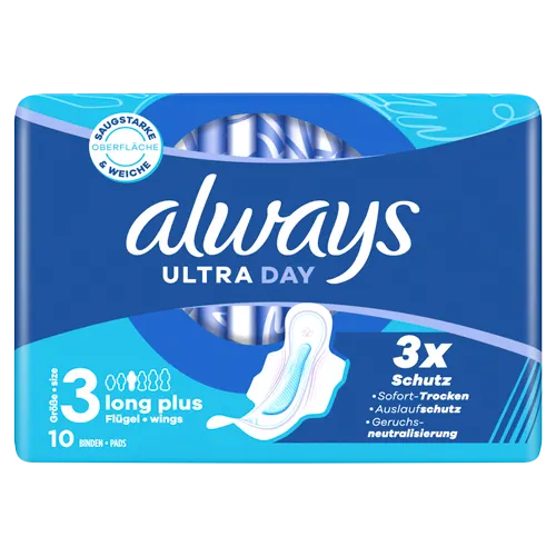 Always Ultra Tag Binden Lang Plus (Größe 3) mit Flügeln 10ct
