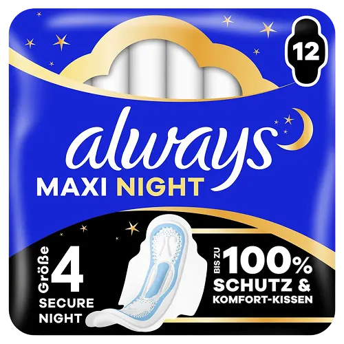 Always Damenbinden Maxi Nacht Starke Periode (Größe 4) Mit Flügeln  12 Stück