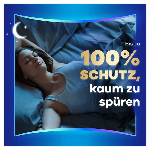 Ruhiger Schlaf einer Frau, hervorgehoben durch den Slogan "Bis zu 100% Schutz, kaum zu spüren" für Always Produkte.