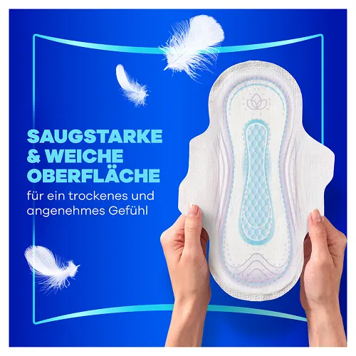 Always Damenbinde wird von Händen gehalten, mit dem Slogan "Saugstarke & weiche Oberfläche für ein trockenes und angenehmes Gefühl".