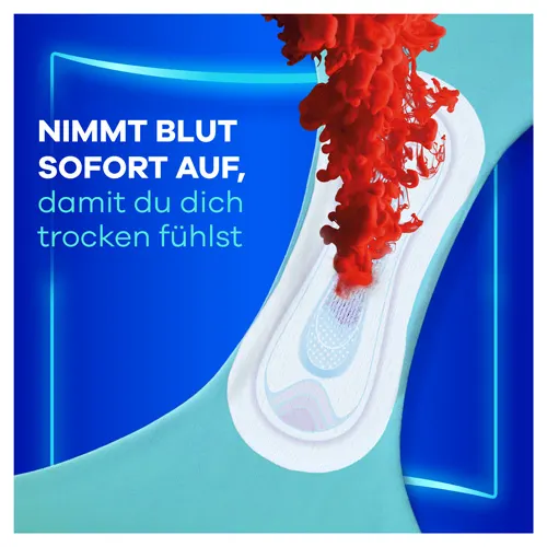Binde absorbiert rote Flüssigkeit mit Text "Nimmt Blut sofort auf, damit du dich trocken fühlst".