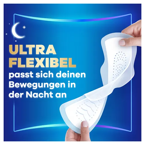 Always Ultra Flexibel Binde, die sich deinen Bewegungen in der Nacht anpasst, wird von Händen gehalten.