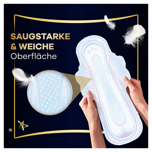 Always Binde, gehalten in Händen, hervorgehoben mit der Aussage "Saugstarke & weiche Oberfläche" und einem Lupeneffekt auf die Oberfläche.