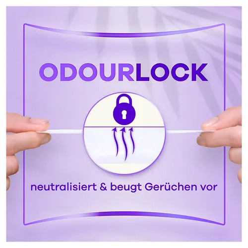 Always Slipeinlage mit OdourLock-Technologie, die Gerüche neutralisiert und verhindert, dargestellt durch ein Schloss-Symbol und Pfeile.