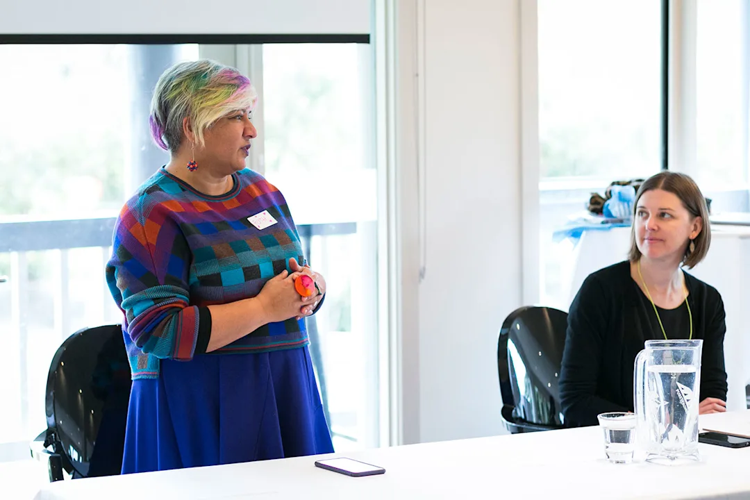 A photo of Dr Ruth D'Souza and Dr Emma Blomkamp running the workshop