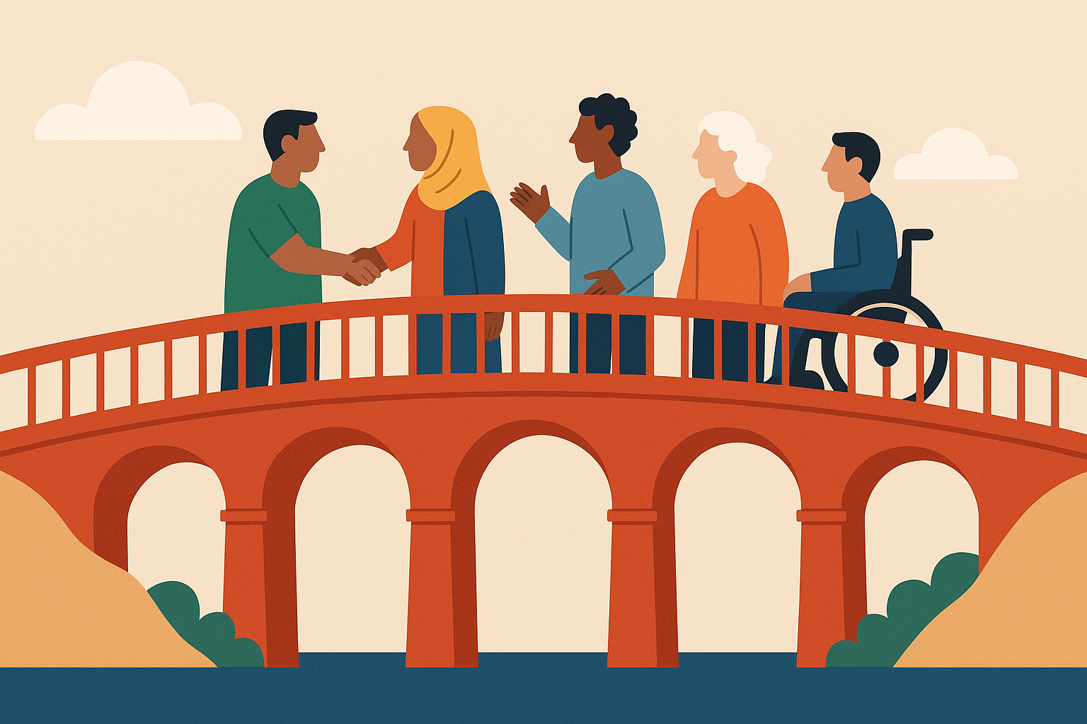 Diverse people on a bridge
