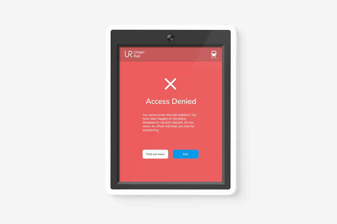 An image of the Face Value application. The image suggests that access to the public transport network has been denied based on the facial characteristics of the person attempting to enter.