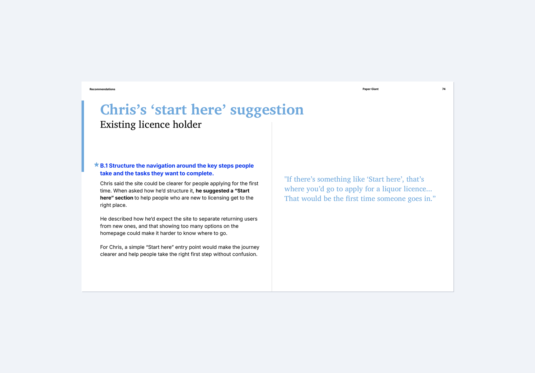 Persona case study: Chris, an existing licence holder suggesting a start here feature