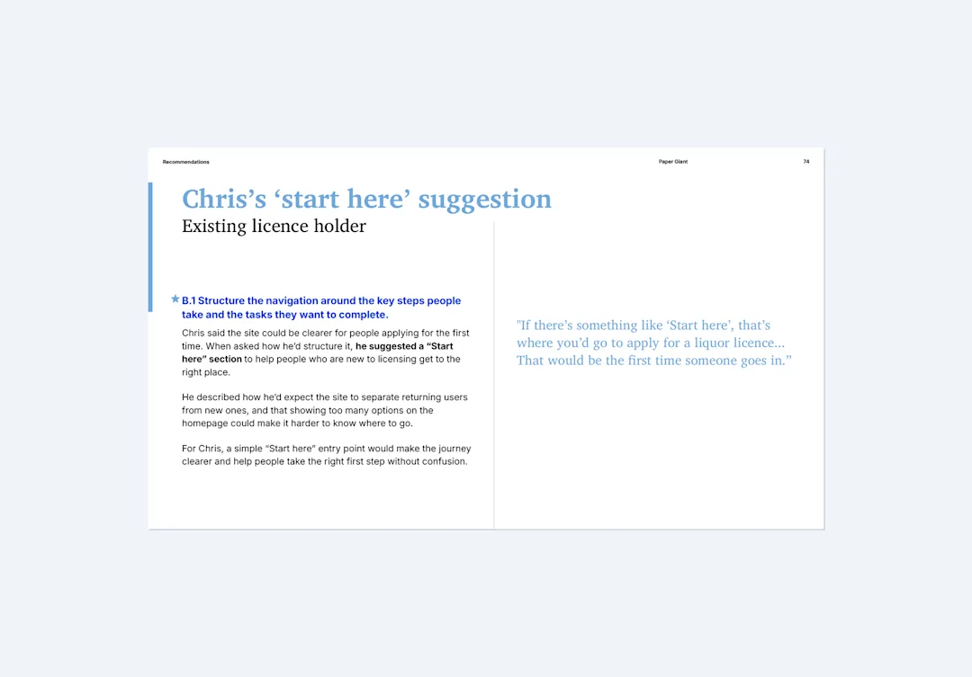 Persona case study: Chris, an existing licence holder suggesting a start here feature