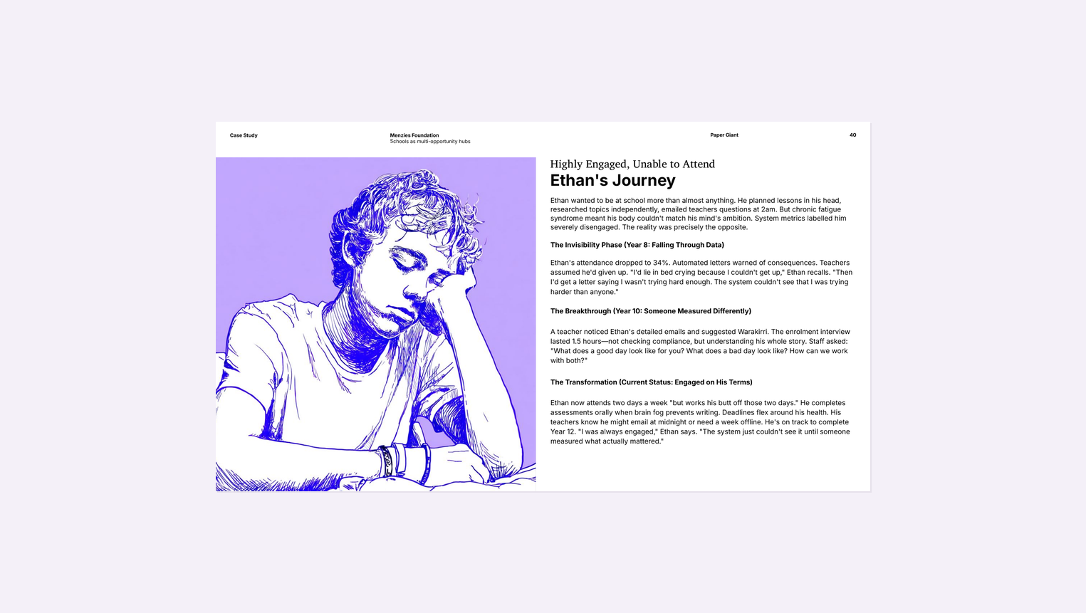 Illustrated persona showing Ethan's experience as a highly engaged student unable to attend due to chronic fatigue syndrome