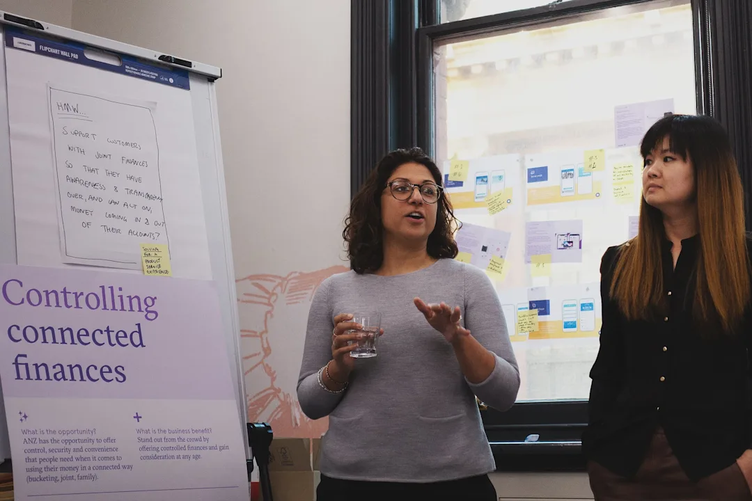 A photo of ANZ staff who attended the design sprint presenting their work back to the wider group.