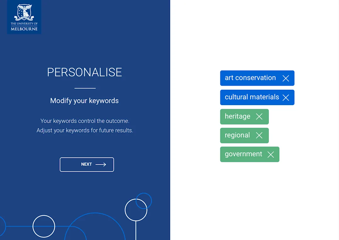 Screen 3/4 of clickable prototype. This screen shows how users can personalise the opportunities they receive by adding keywords to their profile. This example shows keywords such as art conservation, heritage and government. 