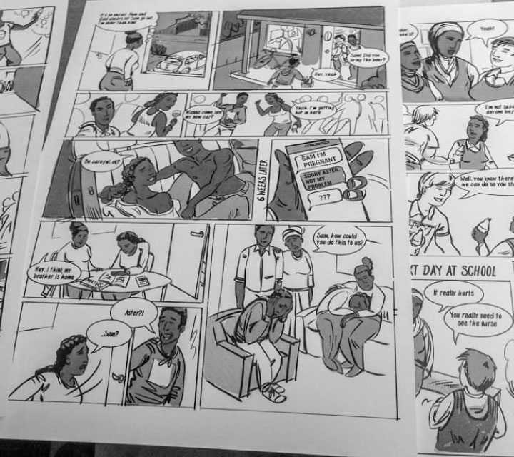 A comic strip showing one of many different sexual health scenarios.