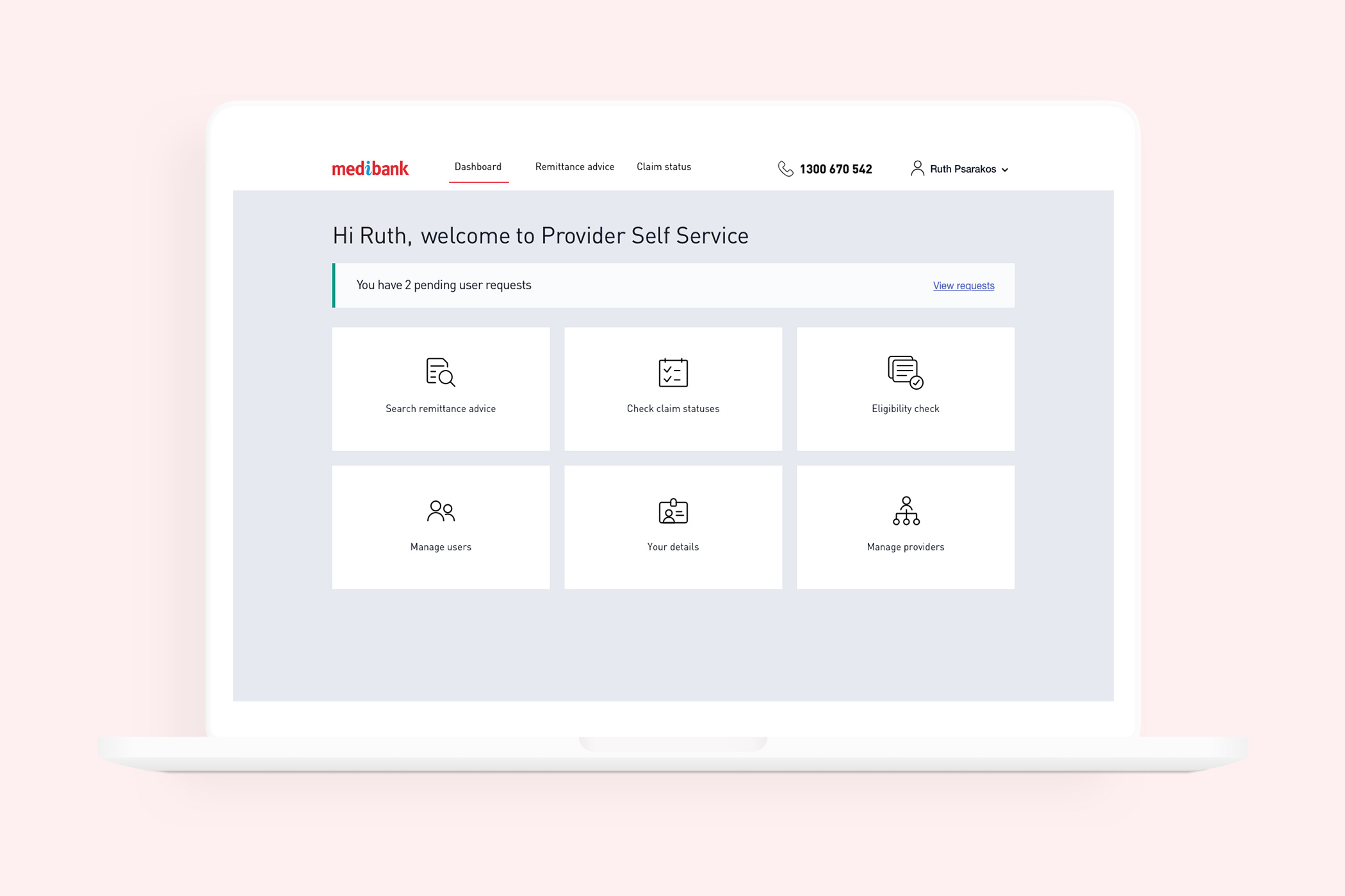 The professional portal dashboard showing request notifications and six key options including search remittance advice, check claim status, eligibility check, manage users, your details and manage providers.