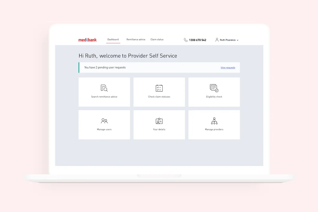The professional portal dashboard showing request notifications and six key options including search remittance advice, check claim status, eligibility check, manage users, your details and manage providers.