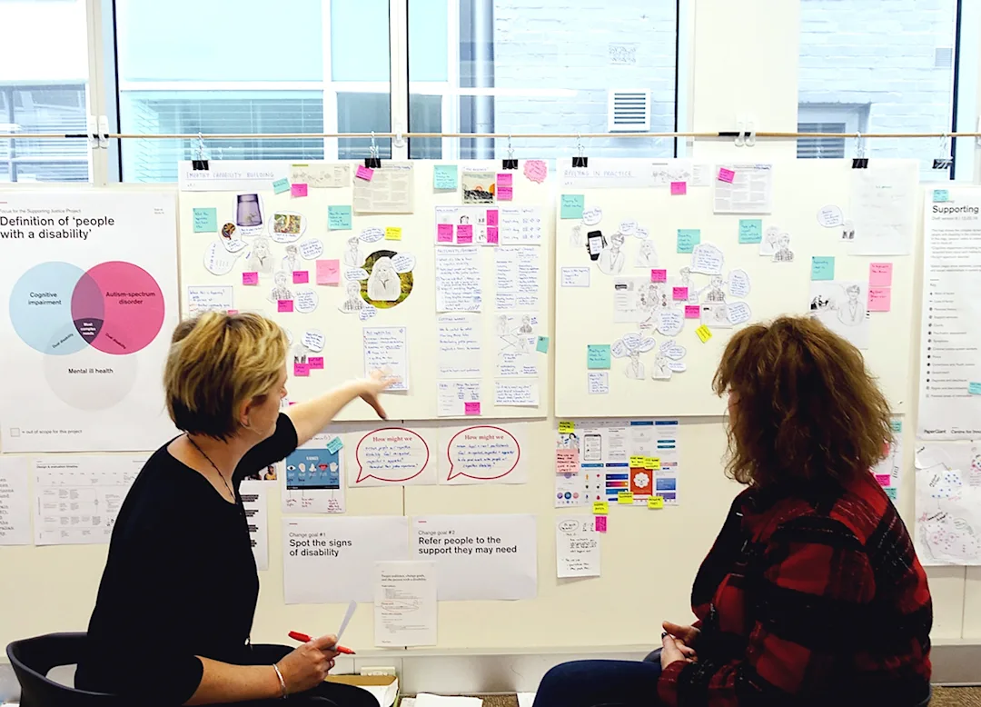 Kate and a co-design participant looking at working boards for the CIJ project.