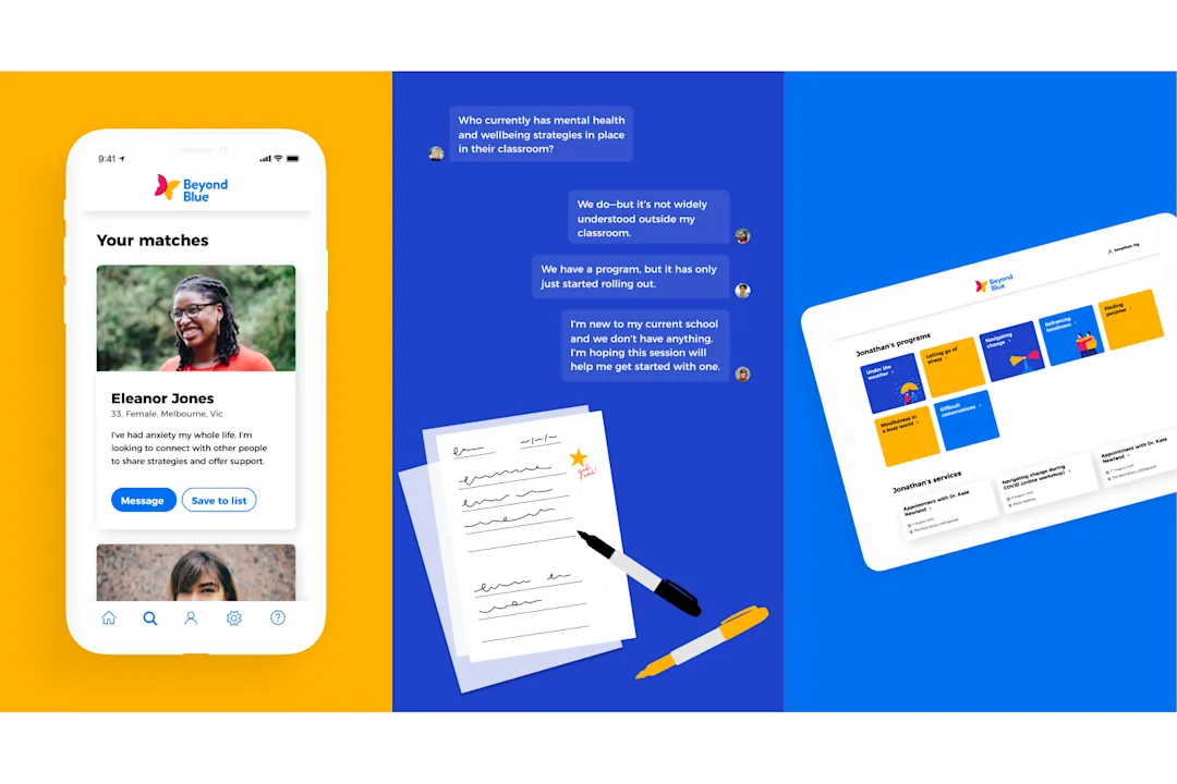 A concept designed as part of the project that shows matches for peer to peer support, wellbeing support being provide for classrooms and a personal hub detailing your access to different services.