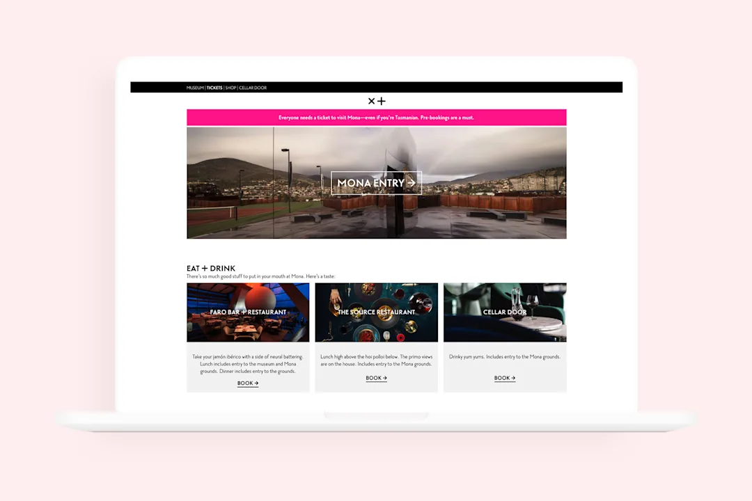 A screenshot of the MONA ticketing website showing options for Entry and Eat + Drink
