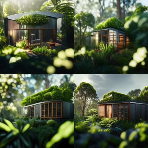 Lush Australian garden with a modern garden shed with large windows, surrounded by small trees, dense foliage via Midjourney.