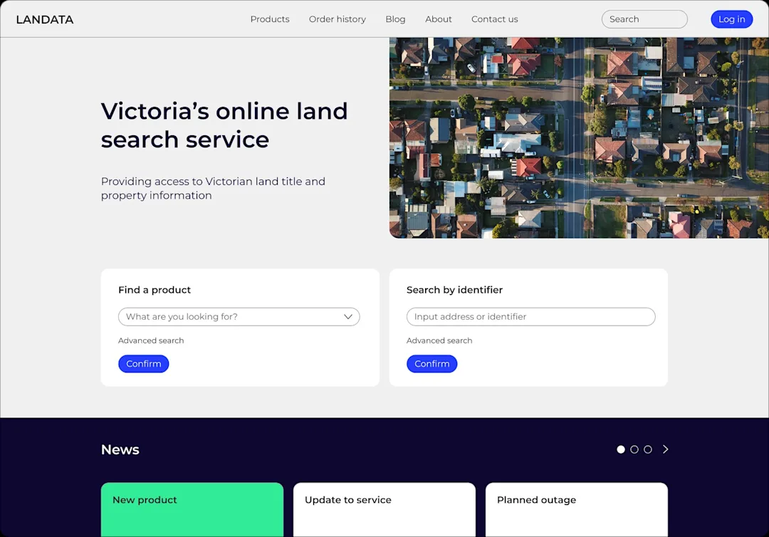 Modern homepage concept for the public-facing LANDATA shop experience