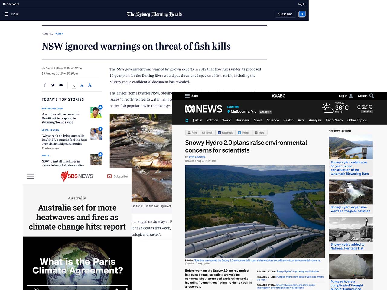 A set of news articles showing the impact of climate change. Covering the impact of fish in rivers, renewable projects and heatwaves.
