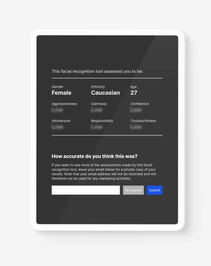 Screenshot of the Face Value application. The image shows the assumptions that have been made about the faces of application users, including their gender, ethnicity, age and a range of psychological traits.