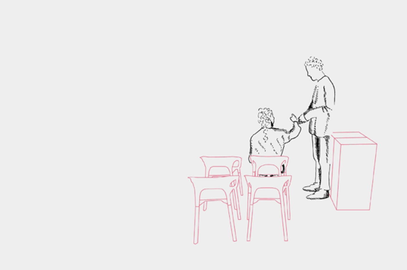 Man seated. man standing beside seated man holding hand