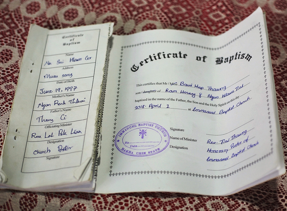 An example of a baptism certificate in Myanmar.
