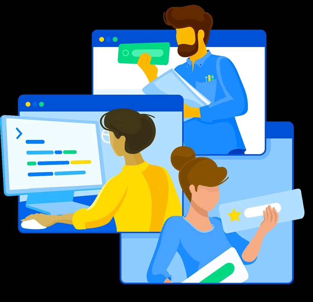 Illustration of content specialists working with digital tools and screens