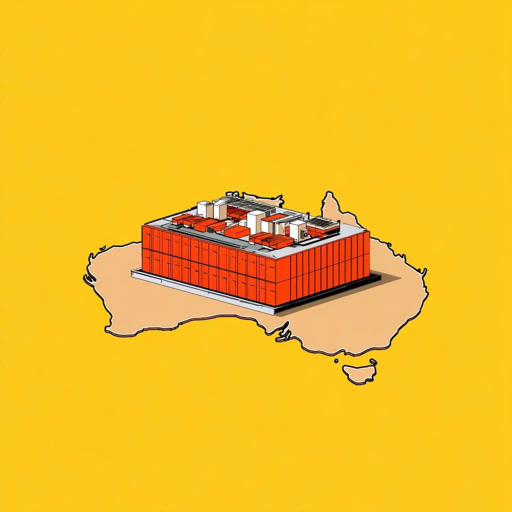 Illustration of an orange data centre building sitting on a map of Australia against a yellow background
