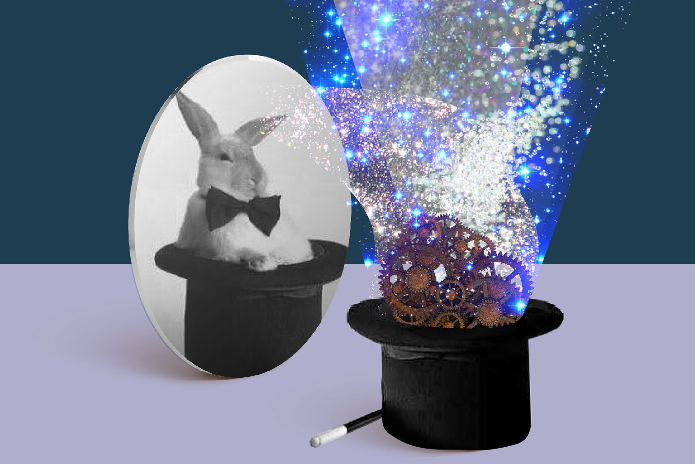 Illustration by Willow Berzin of a top hat with cogs and sparkles coming out of it. A magic wand lays beside it. The hat is reflected in a mirror but the reflection shows a rabbit wearing a bowtie where the cogs and sparkles were.