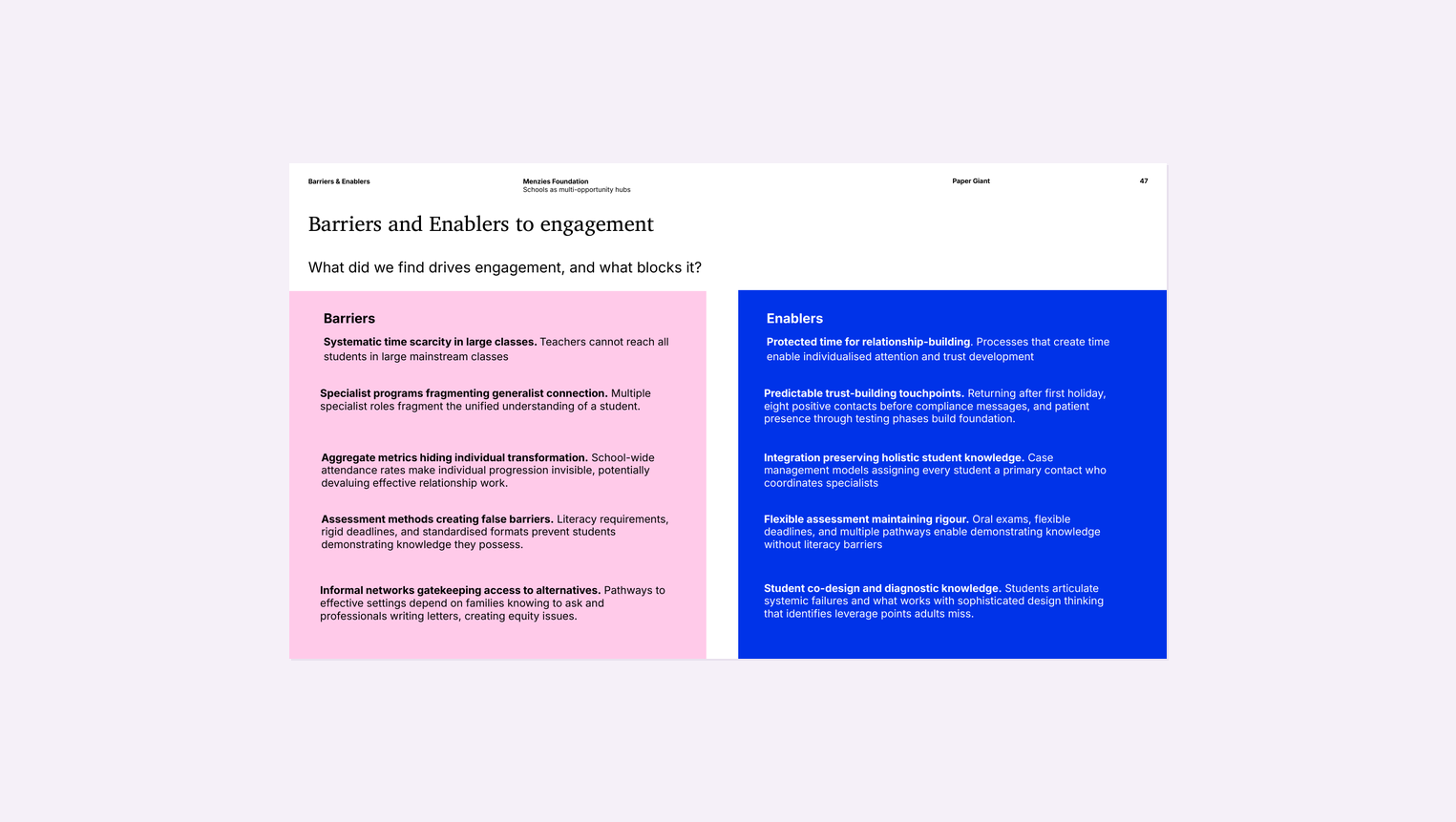 Barriers and enablers framework showing factors that help or hinder student engagement, from the Schools as Multi-Opportunity Communities research
