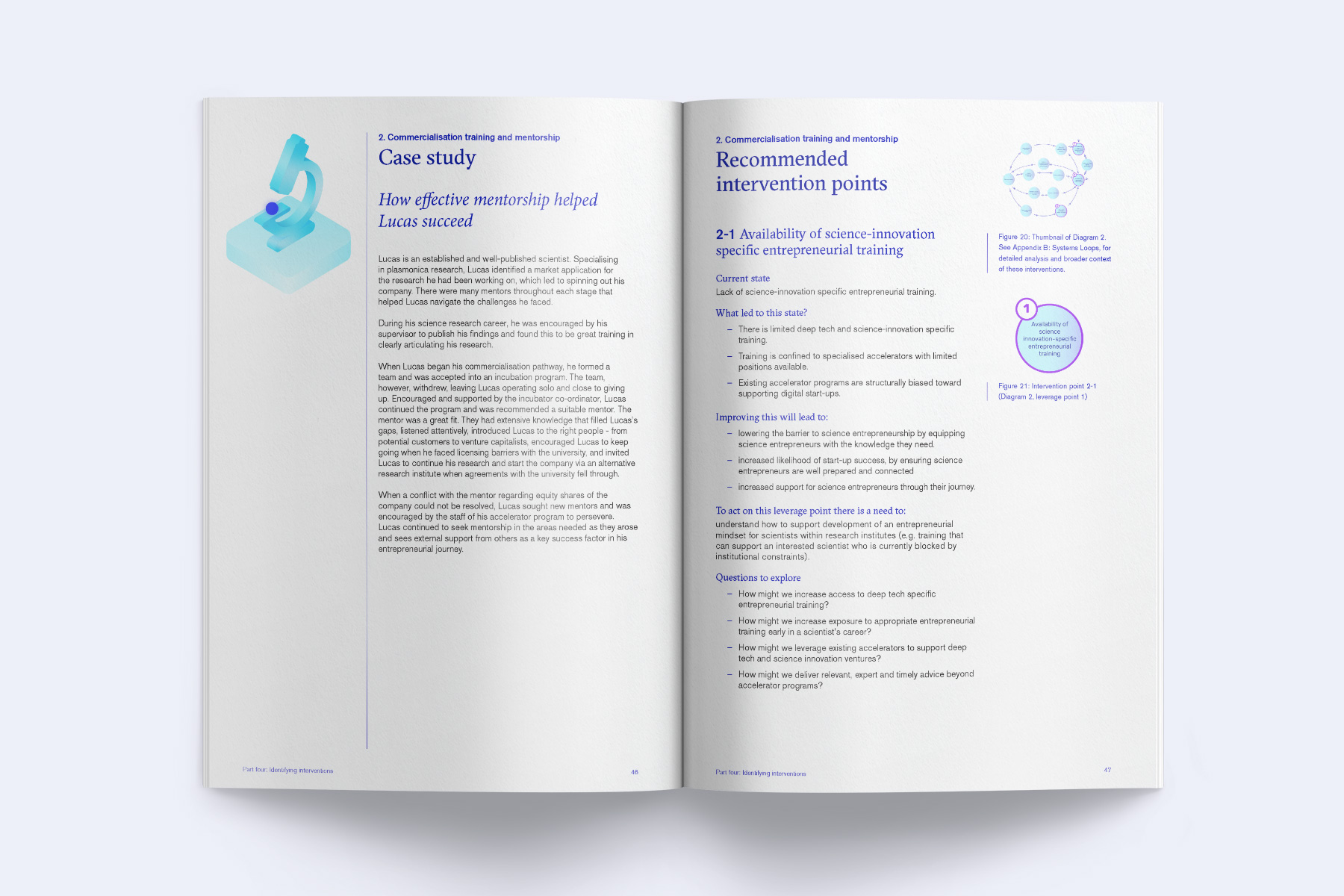 A spread from the report showing a case study and recommendations of different intervention points.