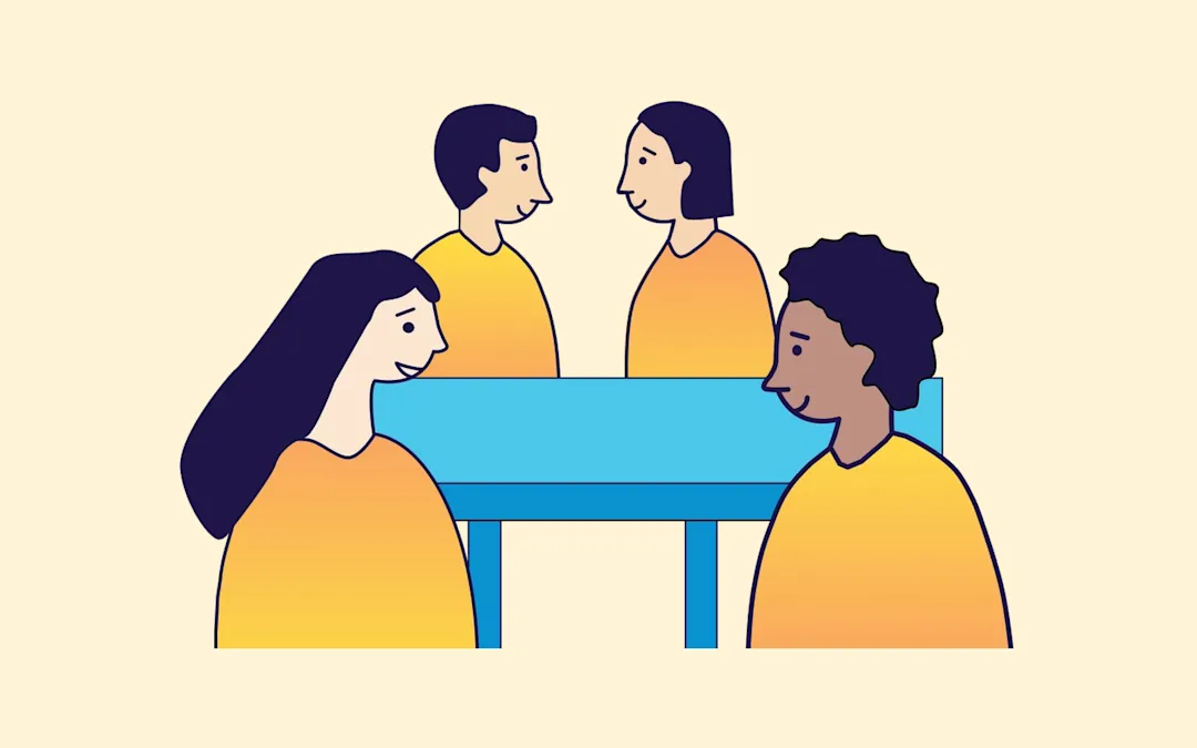 Illustration of four people in conversation around a table, from the Solar Victoria CX Target State report