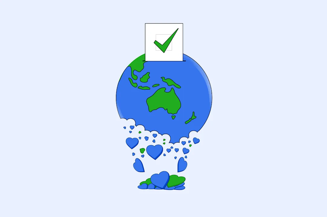 An illustration voting card going into the world. The world is made up of hearts some of which are falling to the floor underneath.