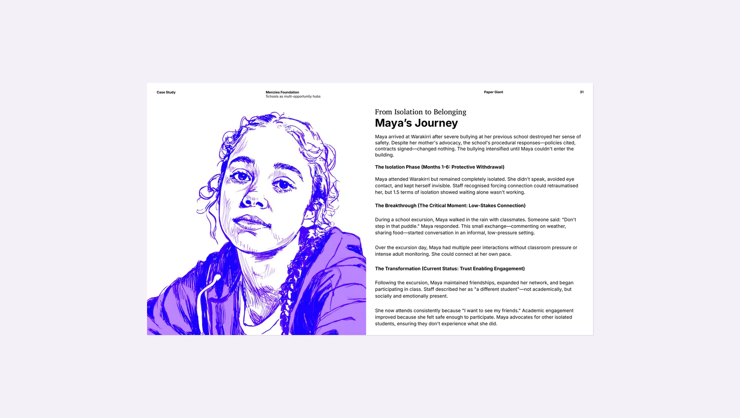 Illustrated persona showing Maya's journey from isolation to belonging at Warakirri College