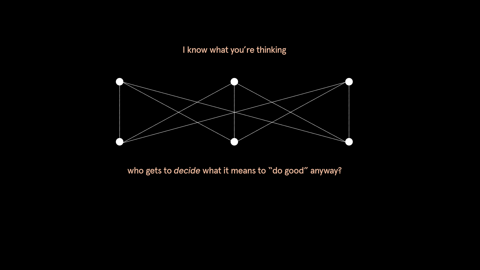 Black background with six dots joined up. Text above framework reads: I know what you're thinking. Text below framework reads: who gets to decide what it means to "do good" anyway?