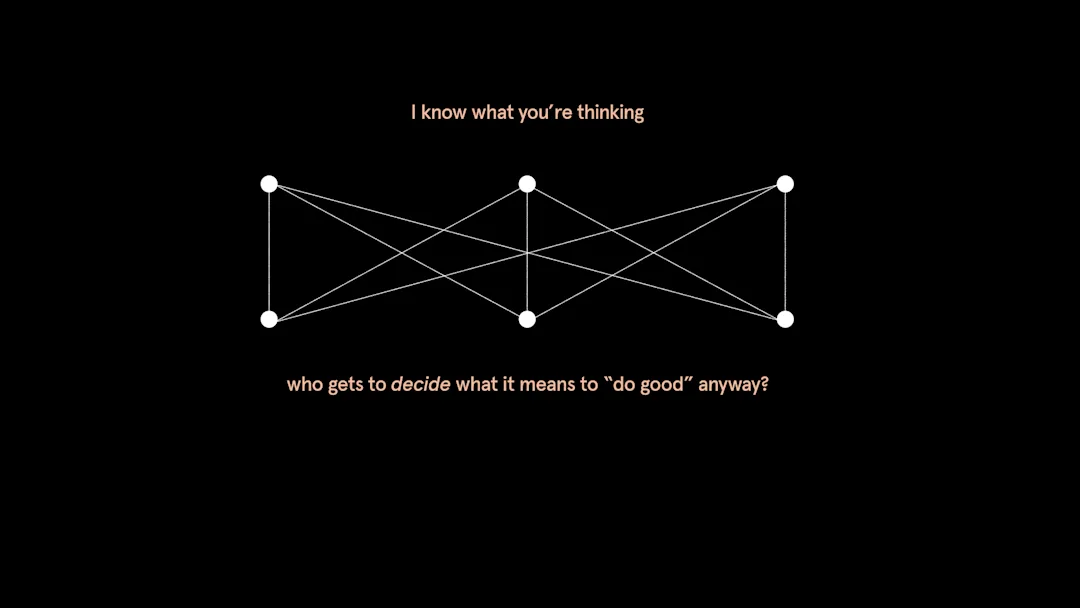 Black background with six dots joined up. Text above framework reads: I know what you're thinking. Text below framework reads: who gets to decide what it means to "do good" anyway?