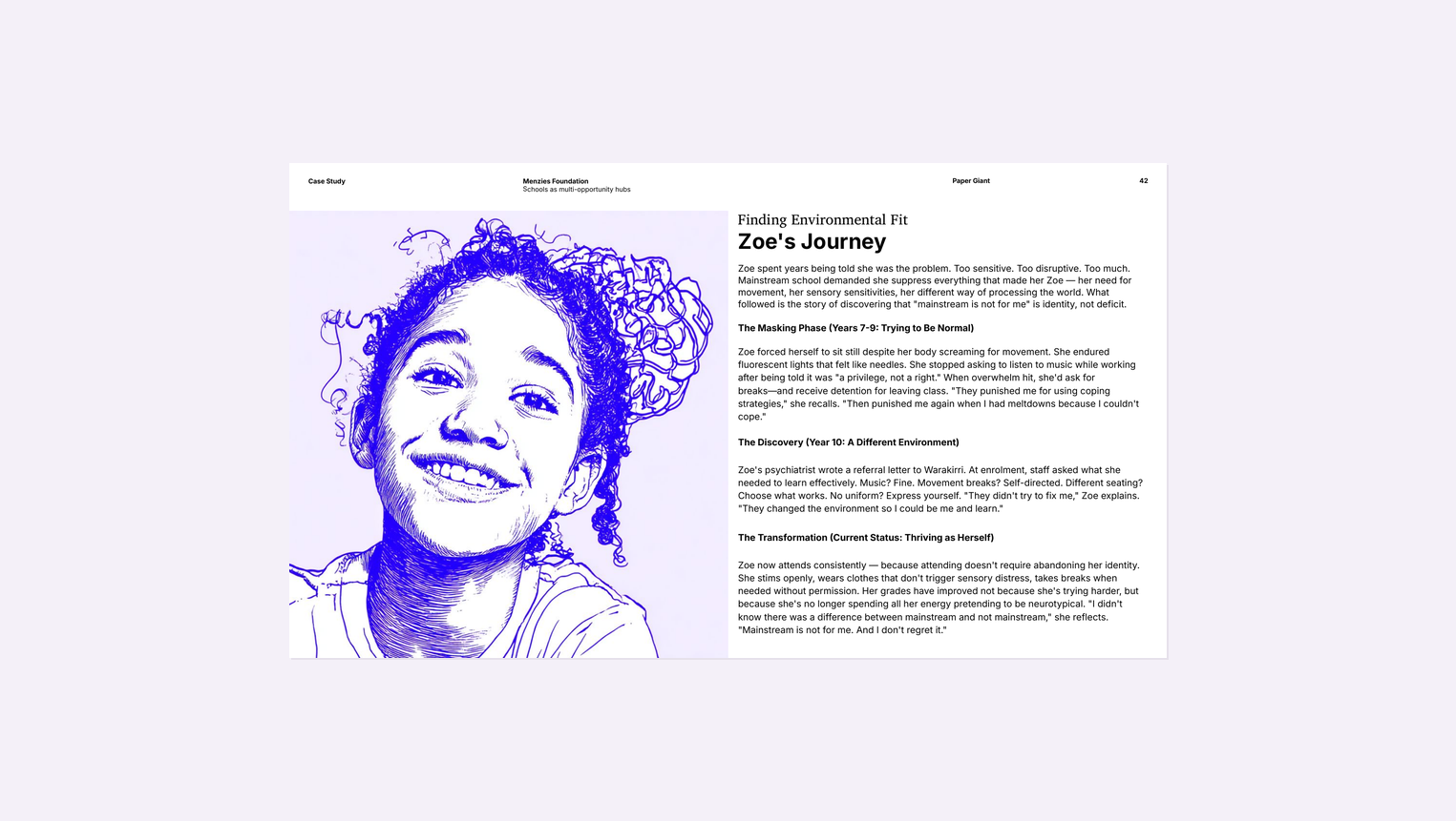 Illustrated persona showing Zoe's journey finding environmental fit as a neurodivergent student